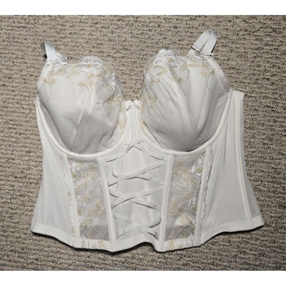 Cacique Lane Bryant Corset Bra Top White Gold Mesh Plus Size 44DDD Boudoir Nwot